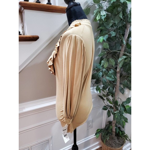 Ny Collection Woman's Khaki Rayon Long Sleeve Ruffle Pullover Top Shirt Size M - Picture 5 of 11